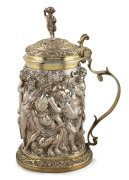 ELKINGTON, MASON & Co. antique English Sheffield plate lidded tankard with remains of gilt wash highlights, circa 1850, stamped "EXECUTED BY ELKINGTON, MASON & CO. FROM THE ORIGINAL IN IVORY IN THE POSSESION OF G. G. BEDFORD ESQ.", 30cm high. - 2
