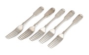 JOEL JOHN COHEN rare Colonial Australian silver set of five fiddle pattern forks with engraved monogram, Sydney origin, circa 1840, each stamped "C.N." crowned leopard's head, lion passant, Gothic date letter "F", and monarch's head, 17.5cm long, 272 gram