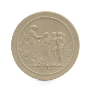 378 · WEDGWOOD "SYDNEY COVE MEDALLION" buff coloured Jasper ware 1975 reproduction from the original model by WILLIAM HACKWOOD first made by the Wedgwood factory in 1789 from clay supplied from Sydney Cove, housed in original plush fitted case with documentation, limited edition of which this example is numbered 310/500, (75mm).