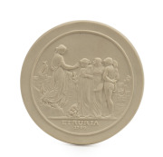 WEDGWOOD "SYDNEY COVE MEDALLION" buff coloured Jasper ware 1975 reproduction from the original model by WILLIAM HACKWOOD first made by the Wedgwood factory in 1789 from clay supplied from Sydney Cove, housed in original plush fitted case with documentatio
