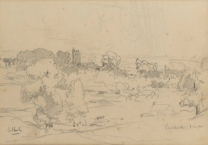 ARTHUR STREETON (1867-1943), Carisbrooke Village, Isle Of Wight, pencil sketch, signed lower left "Arthur" and titled lower right "Carisbrooke, I.O.W.", tiled verso with additional ownership inscription "Sir Archibald Glenn", 24 x 34cm, 34.5 x 43.5cm over