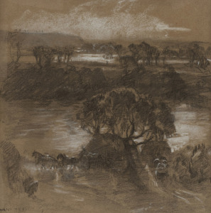 HANS HEYSEN (1877-1968), Murray River Country, pencil and crayon on paper, signed lower left "Hans Heysen, 1918", titled verso and additionally signed by David Heysen with catalogue number and details, ​​​​​​​27 x 27cm, 50 x 48cm overall.