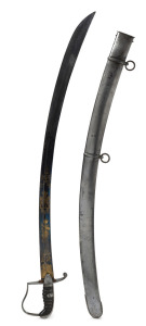 A 1796 officer's Light Cavalry sword with stirrup hilt, blued steel blade, rounded pommel backstrap and original scabbard, blade 83cm long, 96cm long overall