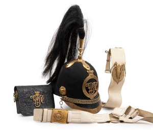 VICTORIAN YEOMANRY CAVALRY, circa 1850s: Oldest known Victorian pre-federation force helmet, made by Wallworth of Melbourne. Accompanied by two original cross-belts and pouch. Rare. (4 items).