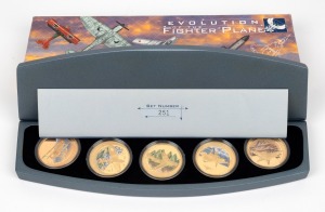 Tuvalu: SILVER PROOFS: Perth Mint 2005 'Evolution Of The Fighter Plane' five-coin one Tuvaluan dollar gold-plated 1oz silver proof set, limited edition 251/500, in original case with CoA and box, comprising Fokker Dr.I Triplane, Supermarine Spitfire, Miko
