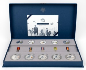 AUSTRALIANS AT WAR: Perth Mint 2003 silver proof set, in original display case with CoA, comprising five $2 2oz silver coins, five 1oz silver coloured rounds, and five replica miniature medals.
