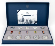AUSTRALIANS AT WAR: Perth Mint 2003 silver proof set, in original display case with CoA, comprising five $2 2oz silver coins, five 1oz silver coloured rounds, and five replica miniature medals.