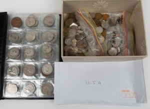 An Australian and foreign coin accumulation, loose in a box and in a small album. Noted Australian Florins of the 1940s-50s, 19966 50c silver, etc.
