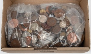 An accumulation of Australian and foreign coins in a medium sized box. (approx. 4kg).