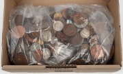 An accumulation of Australian and foreign coins in a medium sized box. (approx. 4kg).