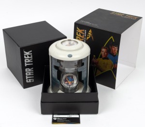Tuvalu: STAR TREK: Perth Mint 2016 'Kirk & Spock USS Enterprise NCC-1701' one Tuvaluan dollar 1oz silver two-coin proof set, in unusual plastic transporter device case, with CoA and box.