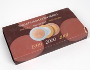 MILLENNIUM SERIES SILVER PROOFS: Collectors set of three RAM coins, two of which gold-plated, all in original cases with box, gathered together into velvet lined box with card sleeve, comprising 1999 The Past, 2000 The Present, and 2001 The Future. - 2