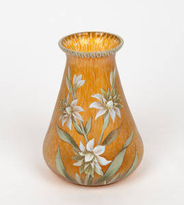 An antique Bohemian iridescent amber glass vase with hand-painted floral enamel overlay decoration, circa 1900, ​​​​​​​15cm high.