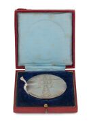 1934 VICTORIAN CENTENARY CELEBRATIONS medal in silver (64mm, 104g) designed by G. Rayner Hoff; in case of issue. Extremely rare in silver. Hoff (1894 1937), is best remembered for this controversial medal, symbolising the wool industry with the skull o