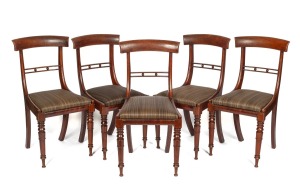 A set of five fine quality antique Australian cedar roll-over spade back Trafalgar chairs with cannon ball rail back, rare cross banded flame cedar front rails, finely turned front legs and rear sabre legs. Drop in cushion seats handsomely upholstered in traditional horsehair fabric. Tasmanian origin, circa 1830.