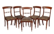 A set of five fine quality antique Australian cedar roll-over spade back Trafalgar chairs with cannon ball rail back, rare cross banded flame cedar front rails, finely turned front legs and rear sabre legs. Drop in cushion seats handsomely upholstered in 
