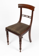 A set of five fine quality antique Australian cedar roll-over spade back Trafalgar chairs with cannon ball rail back, rare cross banded flame cedar front rails, finely turned front legs and rear sabre legs. Drop in cushion seats handsomely upholstered in - 3