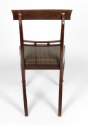 A set of five fine quality antique Australian cedar roll-over spade back Trafalgar chairs with cannon ball rail back, rare cross banded flame cedar front rails, finely turned front legs and rear sabre legs. Drop in cushion seats handsomely upholstered in - 4