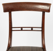 A set of five fine quality antique Australian cedar roll-over spade back Trafalgar chairs with cannon ball rail back, rare cross banded flame cedar front rails, finely turned front legs and rear sabre legs. Drop in cushion seats handsomely upholstered in - 5