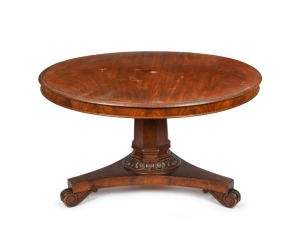 266 · A Colonial Australian cedar circular tilt-top dining table, the top impressively crafted from a single slab of Australian cedar with thumbnail moulded edge and flame veneer cedar skirt. Full cedar secondary construction, with tapering faceted column, finely carved collar, and tri-form base on scrolling feet, most likely Sydney origin, circa 1840, generous proportions of 77cm high, 134cm diameter. Provenance: The Cudmore - Sprod family (arrived in South Australia from Tasmania in 1837).