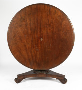 A Colonial Australian cedar circular tilt-top dining table, the top impressively crafted from a single slab of Australian cedar with thumbnail moulded edge and flame veneer cedar skirt. Full cedar secondary construction, with tapering faceted column, fine - 4