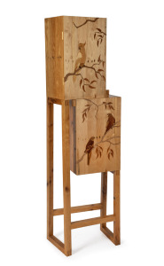CREATE FROM A CRATE COMPETITION & EXHIBITION Australian two door cabinet with marquetry decoration, 1st prize, circa 2016, made by ANDREW SPRINGALL and bearing his plaque and details. 170cm high, 50cm wide, 27cm deep.
