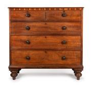 An exceptional and early Colonial Australian cedar chest of five drawers with rare tulipwood banding, cock beading and finely turned original knobs, New South Wales origin, circa 1835, stamped "C.T.". 118.5cm high, 119.5cm wide, 51cm deep. Note: illustrat