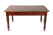 An antique Australian cedar farmhouse two drawer table with remnants of brick red finish, circa 1870, Note: stamped twice to the underside "NATIONAL BANK", 75cm high, 152cm wide, 100cm deep.