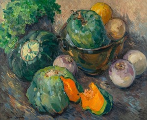 CRISS CANNING (1947 - ), Pumpkins, 1980, oil on canvas board, signed lower left "Chris Canning", 50 x 60cm, 67 x 77cm overall.