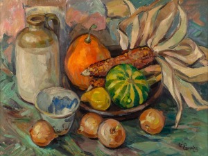 CRISS CANNING (1947 - ), (still life with corn, 1979), oil on canvas board, signed lower right "Criss Canning", 45 x 60cm, 61 x 76cm overall.