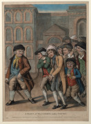 A FLEET OF TRANSPORTS UNDER CONVOY: 18th century satirical print, printed for and sold by Carrington Bowles at His Map & Print Warehouse, No. 69 in St Paul's Church Yard, London, attractively housed in a birdseye maple frame, 60 x 44cm overall. - 2