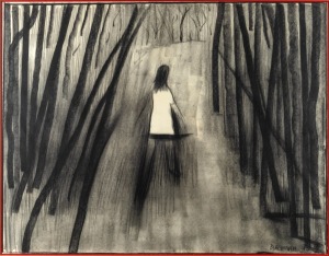 CHARLES BLACKMAN (1928-2018), (Girl in the woods), charcoal on paper, signed lower right "Blackman '76", 65 x 82cm, 81 x 98cm overall.