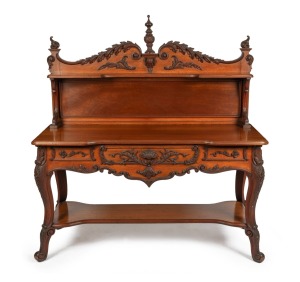 319 · An antique Australian cedar and Queensland walnut servery table with ornately carved acanthus decoration, Melbourne origin, circa 1880, ​​​​​​​149cm high, 1398cm wide, 56cm deep.