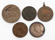 A 1937 Coronation medal in silver, a Royal Life Saving Society award medal in bronze, and three coins including a 1937 Crown.