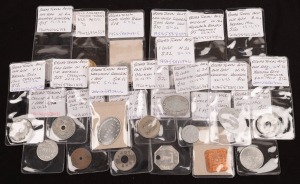 A duplicated range of bread tokens including Woodlands Bakery Belmont, Broken Hill Co-operative, Collie Industrial Co-op, McEwan Baker Belmont, Yeatman Bros Cessnock, West Wallsend Co-op Bakery, C.W.Watkins Cessnock, Newcastle & Suburban Co-op, etc. (26 items).