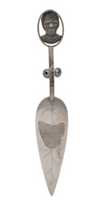 TAYLOR & SHARP of Hobart "TRUGANINA" antique Australian silver leaf shaped letter opener engraved with a map of Tasmania, decorated with gumnuts and a finely cast portrait of the Tasmanian Aboriginal Palawa woman Truganini (also known as Lalla Rookh and L