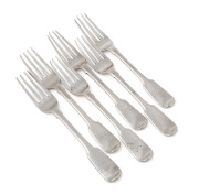 WILLIAM PARK rare Colonial Australian silver set of six forks with engraved crest "R.H.C." (RICHARD and HARRIET CLEBURNE married in Hobart on the 14th March 1838), Sydney origin, circa 1845, stamped "W.P." with leopard, Gothic date letter "S", lion passan