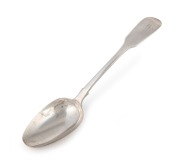 DAVID BARCLAY rare Colonial Australian silver tablespoons with engraved monogram, Hobart origin, circa 1835, stamped "D.B." with lion passant and monarch's head, "S", and leopard's head, 21.5cm long, 63 grams.