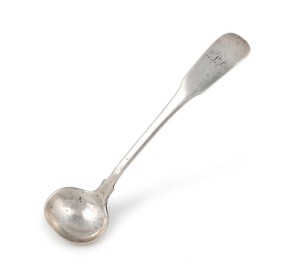 392 · ALEXANDER ROBERTSON rare and early Australian silver mustard spoon with engraved monogram, circa 1835, stamped "A.R." with lion passant and monarch's head. Maker's mark illustrated in "Early Australian Silver The Houstone Collection" page 312, plate 73. 10.5cm long, 10 grams.