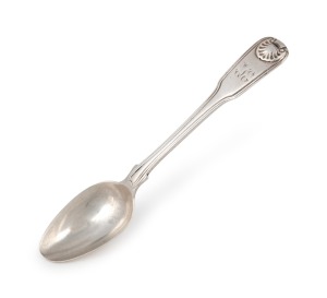397 · UNIDENTIFIED MAKER, early Australian silver fiddle and thread shell pattern teaspoon with engraved monogram, most likely Sydney origin and bearing a striking resemblance to Alexander Dick'smped "S.T." with emu and pseudo date letter "L", 14cm long, 23 grams.