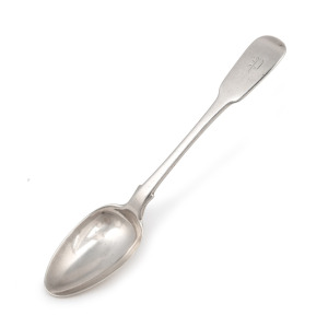 Early Australian silver fiddle pattern teaspoon with engraved monogram, most likely Sydney origin, circa 1840, stamped with a leopard's head, emu facing back, crown and gothic "C", this series of marks without maker's stamp is illustrated in "Early Australian Silver The Houstone Collection" page 316, plate 175. 14.5cm long, 26 grams.