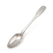 Early Australian silver fiddle pattern teaspoon with engraved monogram, most likely Sydney origin, circa 1840, stamped with a leopard's head, emu facing back, crown and gothic "C", this series of marks without maker's stamp is illustrated in "Early Austra