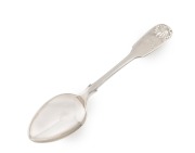 ALEXANDER DICK rare Colonial Australian silver fiddle and shell pattern teaspoon with engraved monogram, Sydney origin, circa 1830s, stamped "A. DICK" with lion passant, crowned leopard, date letter "E", and monarch's head, 14cm long, 22 grams.