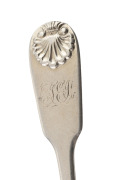 ALEXANDER DICK rare Colonial Australian silver fiddle and shell pattern teaspoon with engraved monogram, Sydney origin, circa 1830s, stamped "A. DICK" with lion passant, crowned leopard, date letter "E", and monarch's head, 14cm long, 22 grams. - 3
