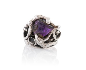 JACQUES WENGROW Australian silver figural designer ring with natural amethyst crystal. ​​​​​​​Gifted by the artist to the current vendor.