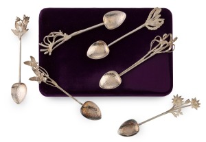 HARRIS & SON Western Australian silver set of six teaspoons with wildflower motifs, housed in original purple velvet plush fitted box, near mint condition, 11.5cm high, 72 grams total.