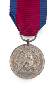 WATERLOO MEDAL, 1815 impressed to JOHN FRED. [ERICK] MULLER, 3rd REG. HUSSARS K.G.L. (King&rsquo;s German Legion), with later ribbon, clip and ring suspension.