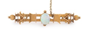 DUGGIN, SHAPPERE & Co. of Melbourne antique 15ct gold bar brooch, set with a solid cabochon opal, 19th/20th century, stamped "15" flanked by pictorial marks, ​​​​​​​5.5cm wide, 4.2 grams.