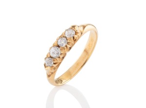 W.J. MOORE & SONS of Melbourne antique 18ct gold ring, set with a row of four rose cut white diamonds, circa 1910, stamped "18" flanked by pictorial marks, ​​​​​​​4.1 grams total.