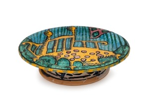 DEBORAH HALPERN pottery tazza with hand-painted decoration, signed "Deborah D. Halpern", 6.5cm high, 26.5cm diameter.
